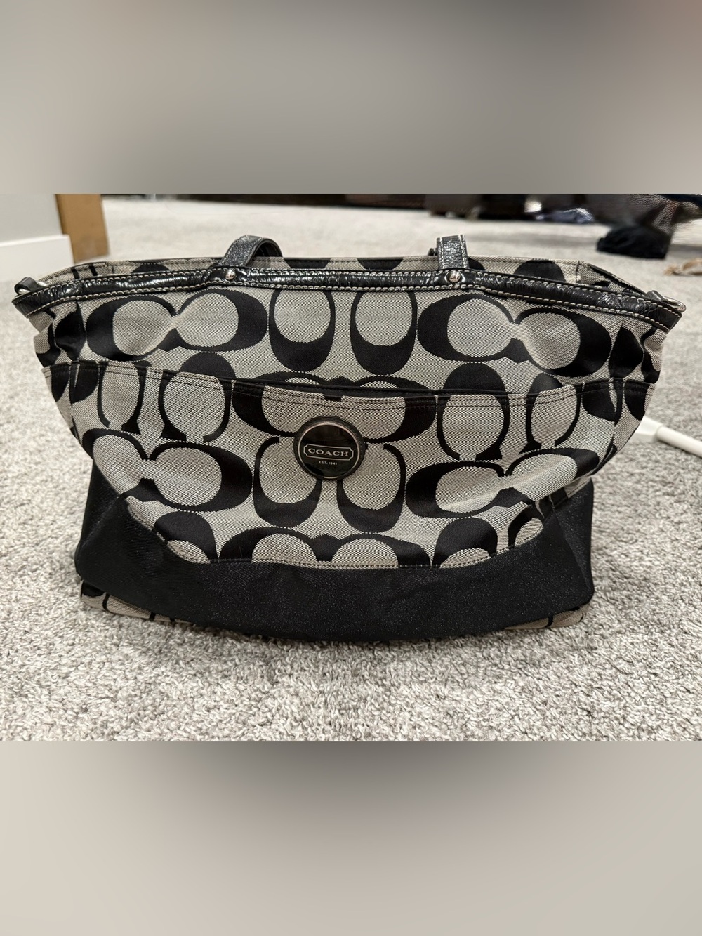 Coach Black and Grey Logo Jacquard Tote